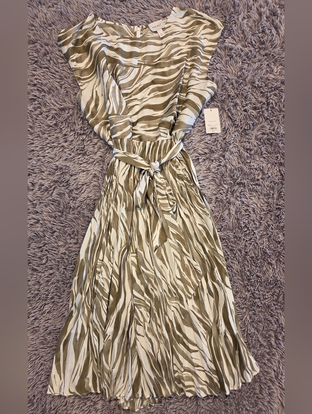 Nine West Olive & White Printed Tie-Waist Midi Dress Sz XL